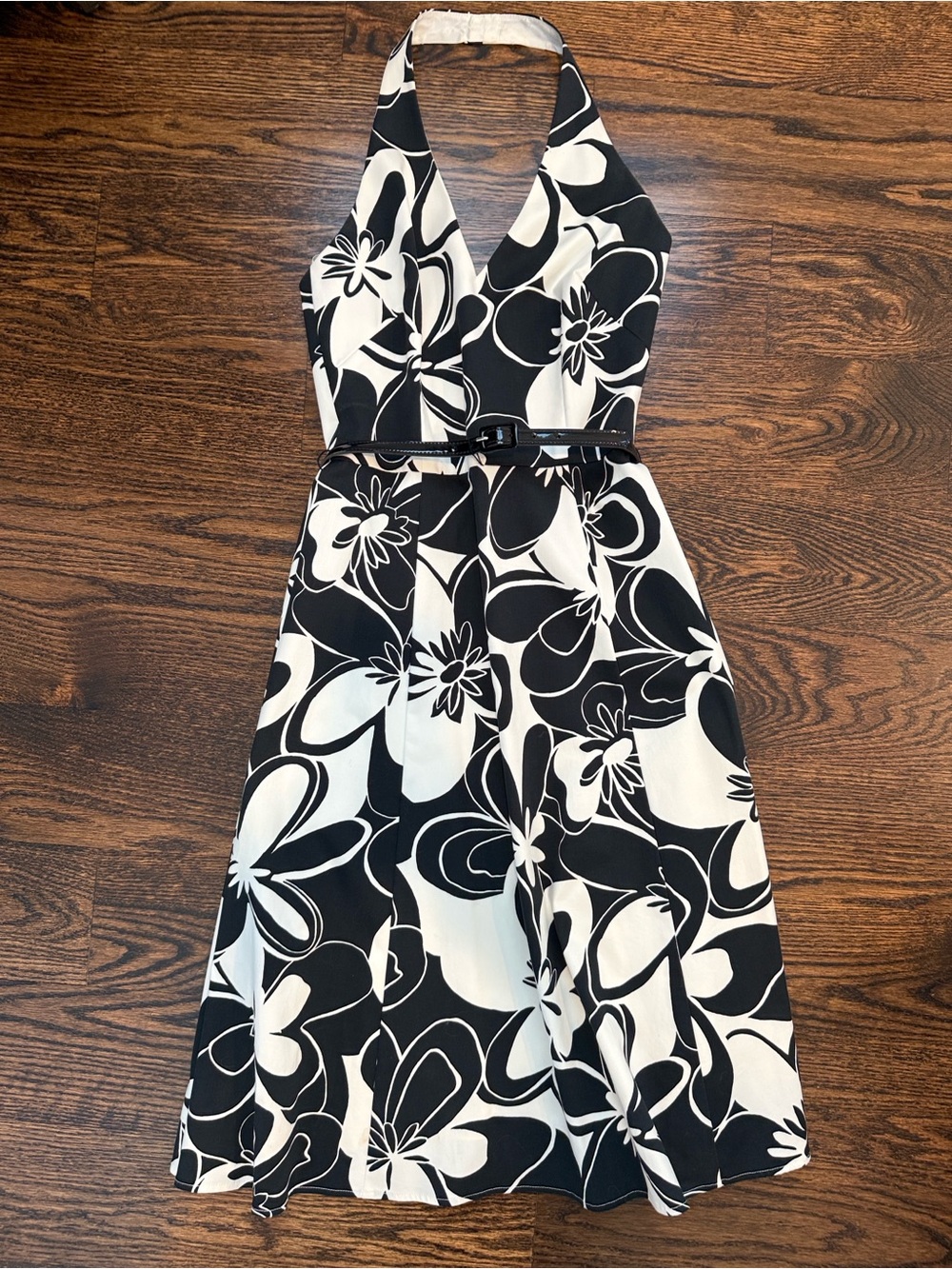 David Meister Black & White Floral Halter Dress